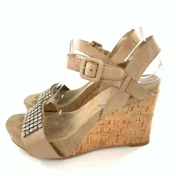 Nine West womens heels size 6.5 SusantJ taupe leather gem platform wedges - Picture 5 of 13
